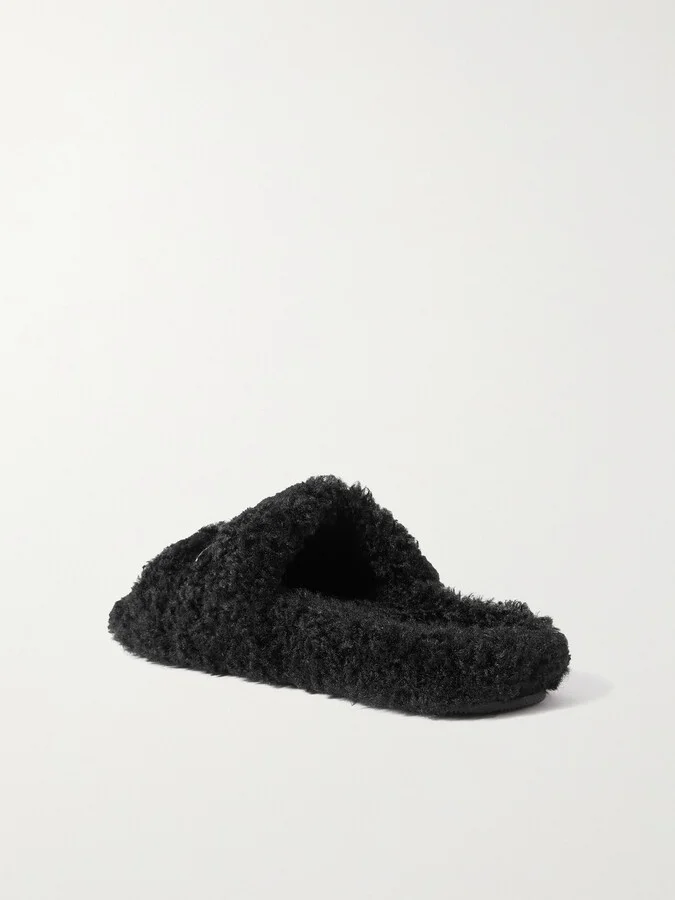 Balenciaga - Furry Logo-embroidered Faux Shearling Slides - Black - Image 3