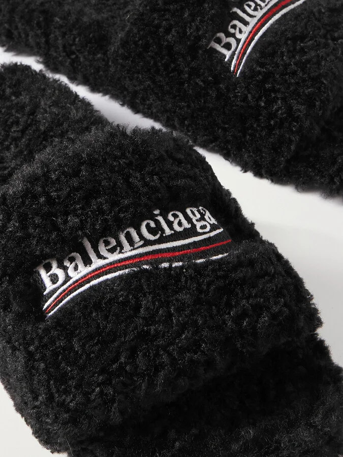 Balenciaga - Furry Logo-embroidered Faux Shearling Slides - Black - Image 4