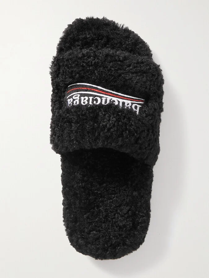 Balenciaga - Furry Logo-embroidered Faux Shearling Slides - Black - Image 5