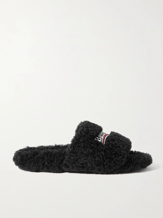 Balenciaga - Furry Logo-embroidered Faux Shearling Slides - Black