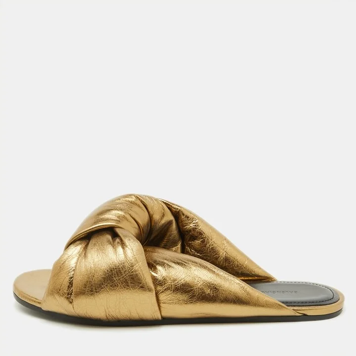 Balenciaga Gold Leather Drappy Flat Slides Size 37