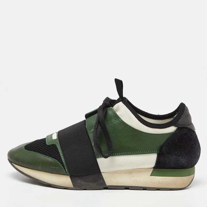 Balenciaga Green/Black Leather and Mesh Race Runner Sneakers Size 38