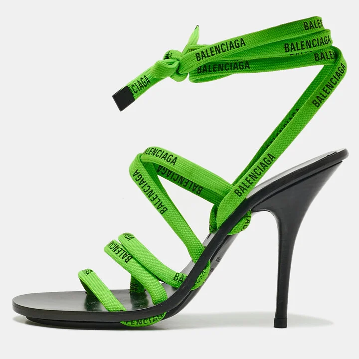 Balenciaga Green/Black Leather Logo Lace Ankle Wrap Sandals Size 36