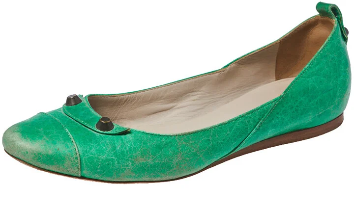 Balenciaga Green Leather Arena Studded Ballet Flats Size 38.5