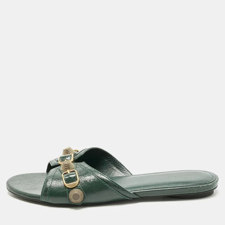 Balenciaga Green Leather Studded Cagole Flat Slides Size 38