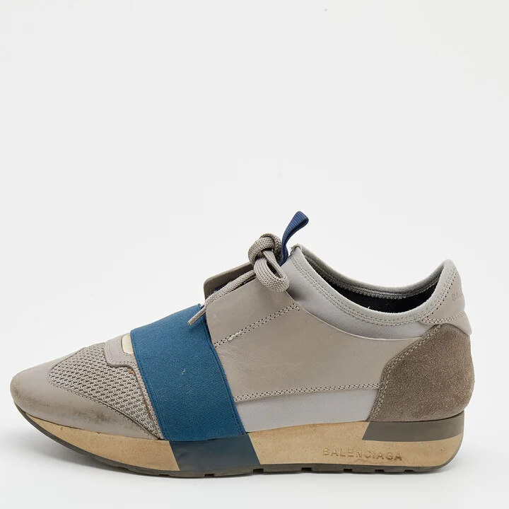 Balenciaga Grey/Blue Leather Race Runner Sneakers Size 36