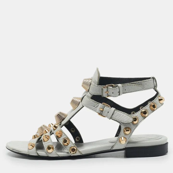 Balenciaga Grey Leather Studded Ankle Strap Flat Sandals Size 37