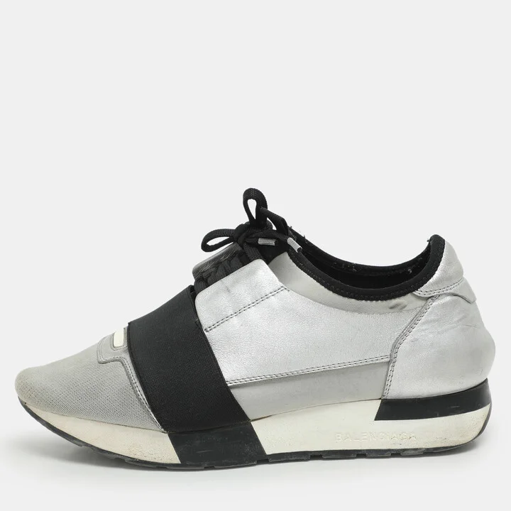 Balenciaga Grey/Silver Knit Fabric and Leather Race Runner Low Top Sneakers Size 37