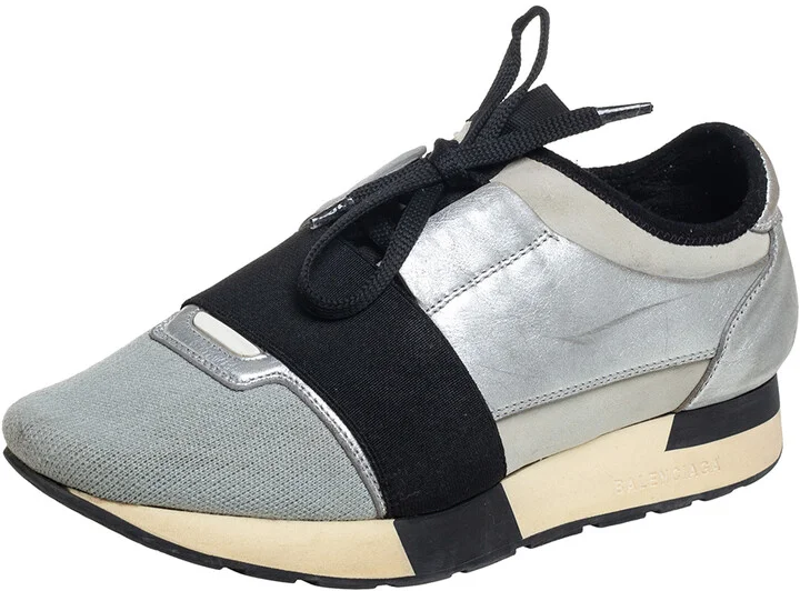 Balenciaga Grey/Silver Leather And Knit Fabric Race Runner Sneakers Size 38