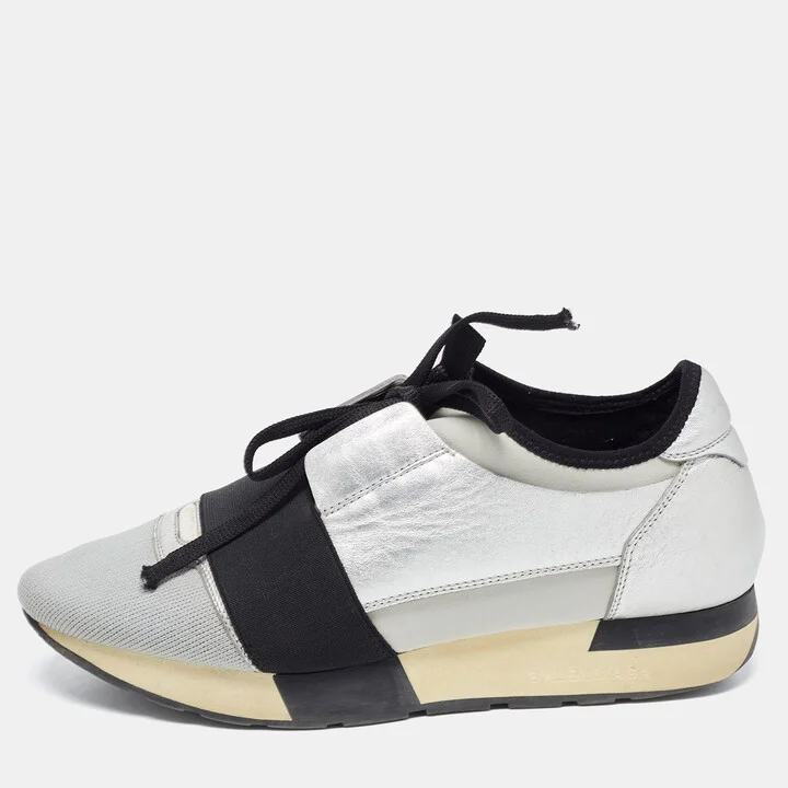 Balenciaga Grey/Silver Leather and Knit Fabric Race Runner Sneakers Size 38