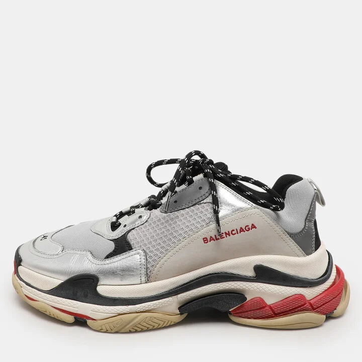 Balenciaga Grey/Silver Leather and Mesh Triple S Low Top Sneakers Size 45