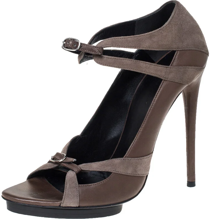 Balenciaga Grey Suede And Leather Double Buckle Strap Platform Sandals Size 40