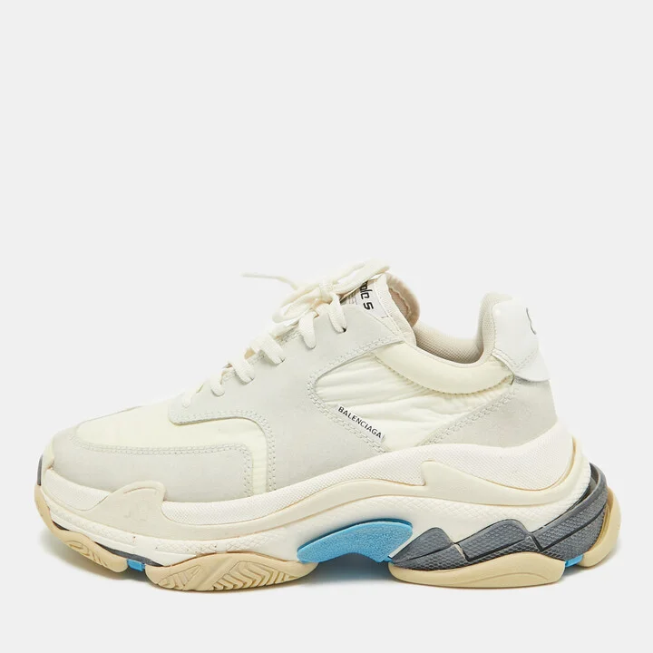 Balenciaga Grey/White Leather and Nylon Triple S Lace Up Sneakers Size 39