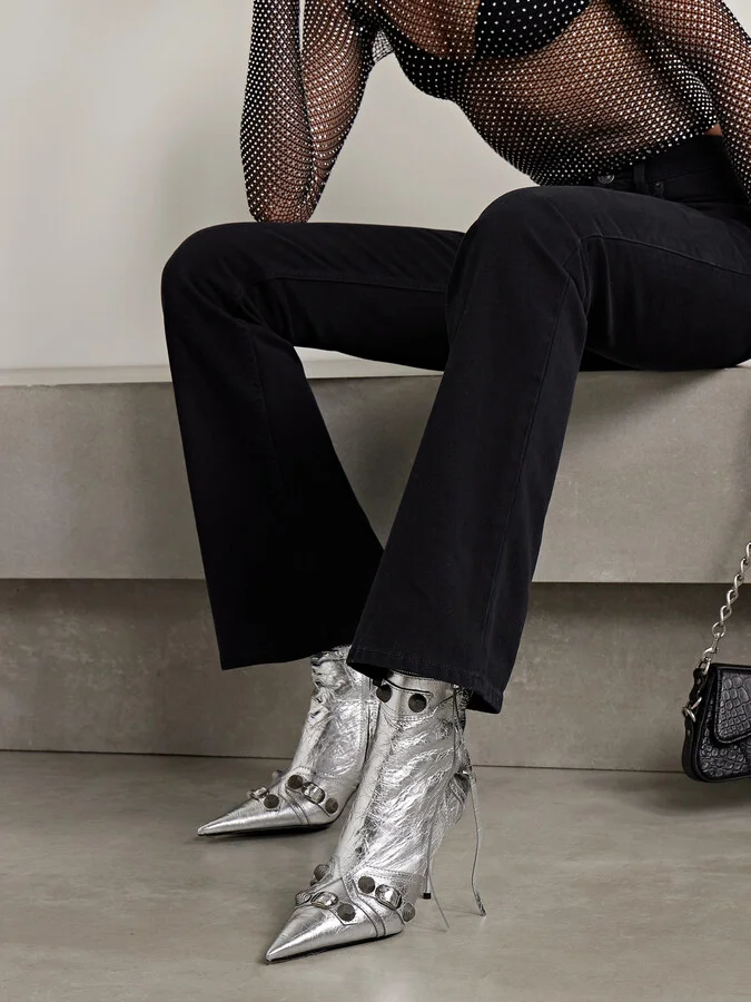Balenciaga - Le Cagole Studded Crinkled-leather Ankle Boots - Silver - Image 2