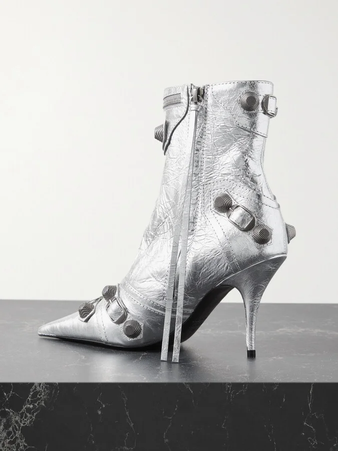 Balenciaga - Le Cagole Studded Crinkled-leather Ankle Boots - Silver - Image 3