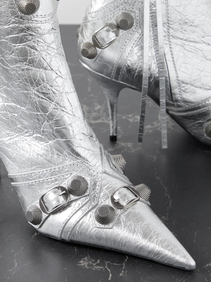 Balenciaga - Le Cagole Studded Crinkled-leather Ankle Boots - Silver - Image 4