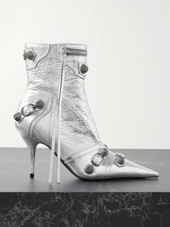 Balenciaga - Le Cagole Studded Crinkled-leather Ankle Boots - Silver