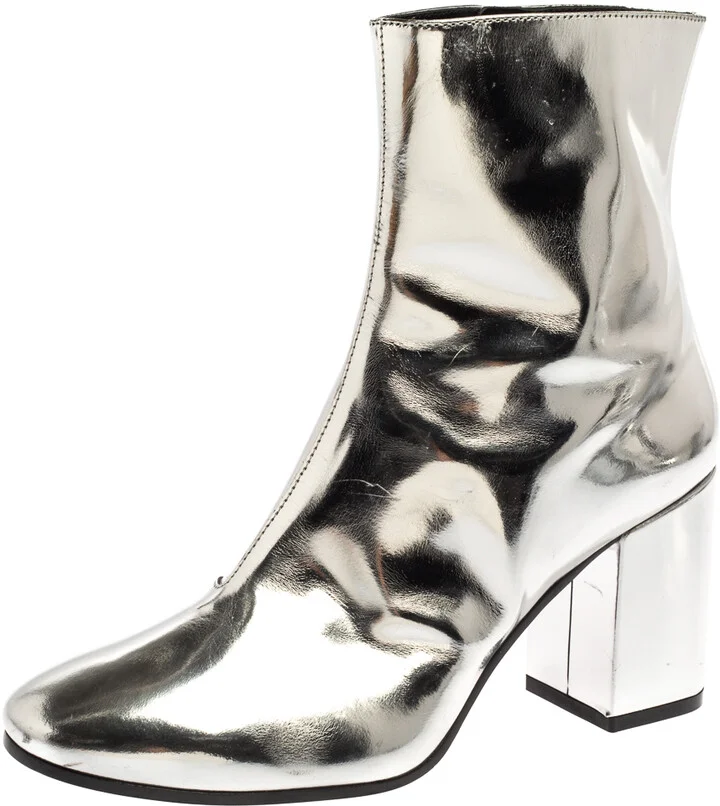 Balenciaga Metallic Silver Patent Leather Ankle Boots Size 37