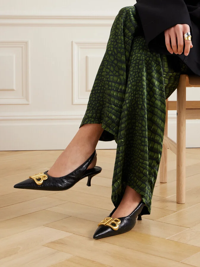 Balenciaga - Monaco Logo-embellished Crinkled-leather Slingback Pumps - Black - Image 2