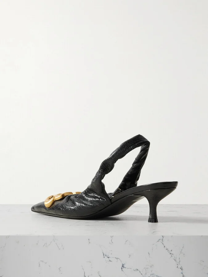 Balenciaga - Monaco Logo-embellished Crinkled-leather Slingback Pumps - Black - Image 3