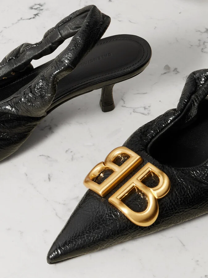 Balenciaga - Monaco Logo-embellished Crinkled-leather Slingback Pumps - Black - Image 4
