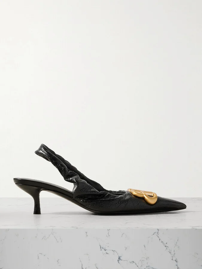 Balenciaga - Monaco Logo-embellished Crinkled-leather Slingback Pumps - Black