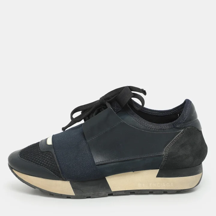 Balenciaga Navy Blue Leather and Mesh Race Runner Low Top Sneakers Size 35