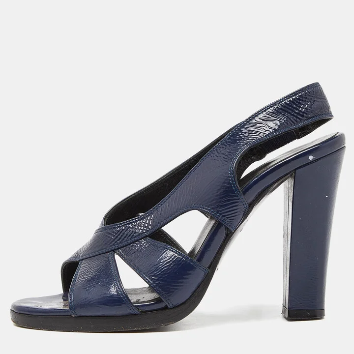 Balenciaga Navy Blue Leather Slingback Sandals Size 36