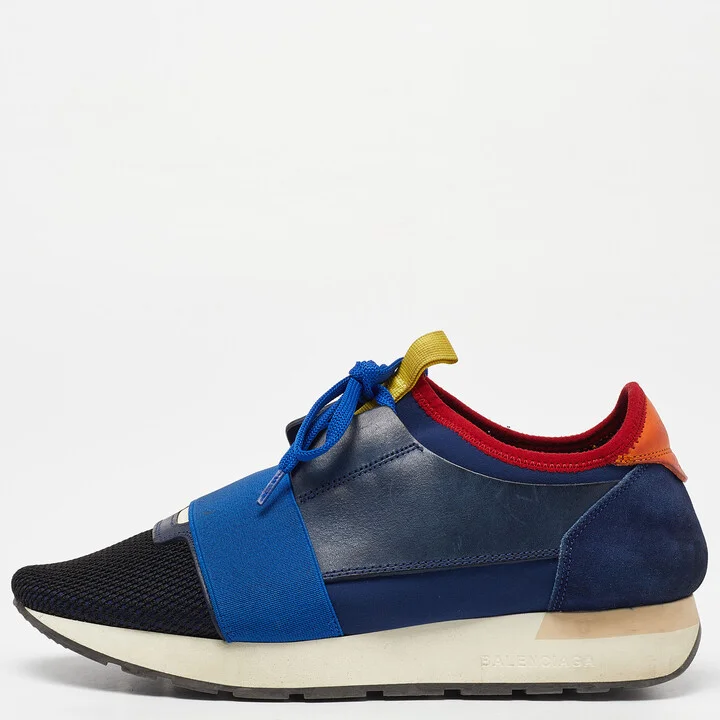 Balenciaga Navy Blue Leather Suede Neoprene and Mesh Race Runner Sneakers Size 38