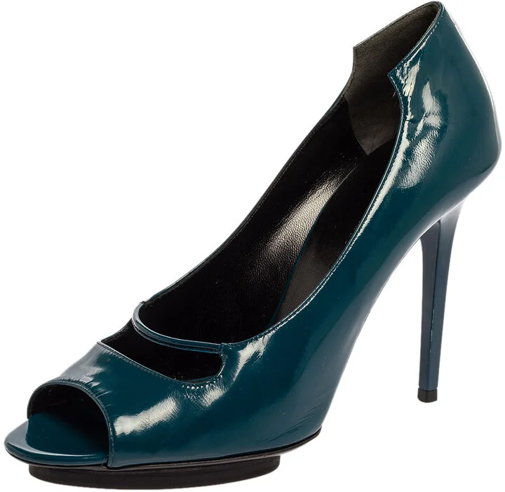 Balenciaga Peacock Blue Patent Leather Peep Toe Pumps Size 39.5