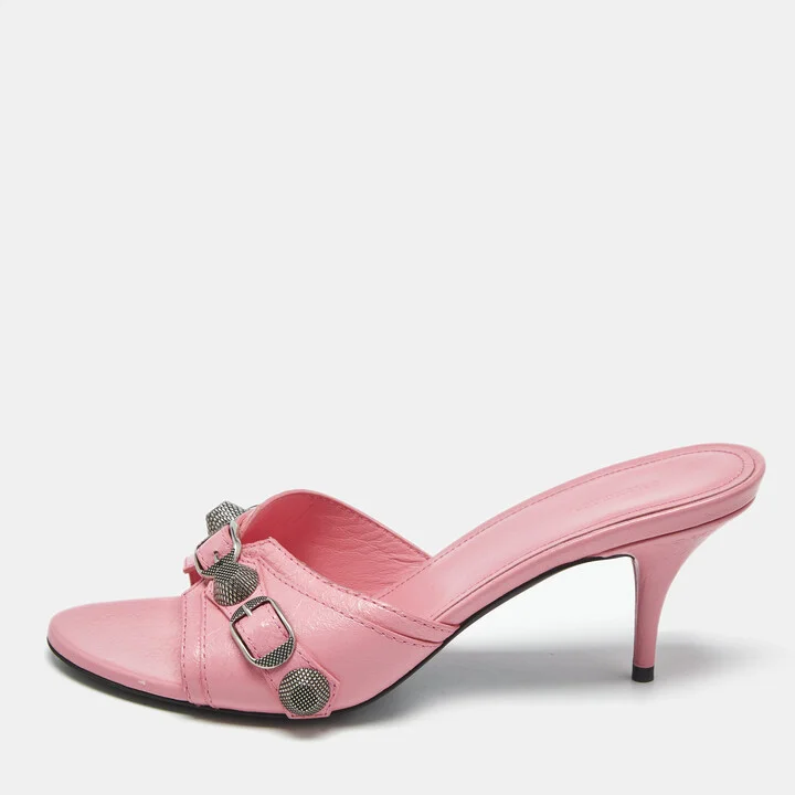 Balenciaga Pink Leather Le Cagole Studded Slide Sandals Size 38