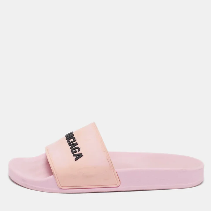 Balenciaga Pink Rubber Logo Embossed Flat Slides Size 39