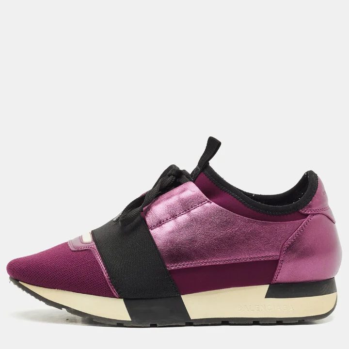 Balenciaga Purple/Black Leather and Fabric Race Runner Low Top Sneakers Size 36