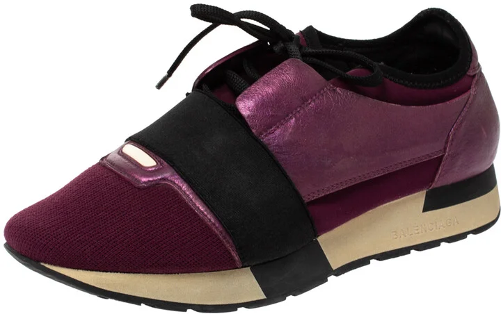 Balenciaga Purple/Black Neoprene and Leather Race Runner Sneakers Size 39