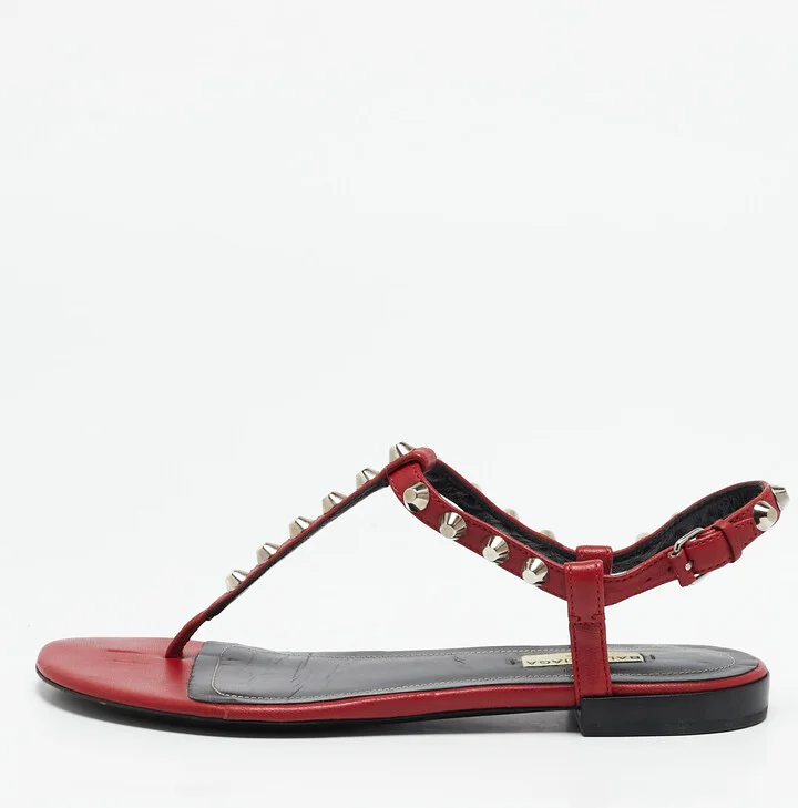 Balenciaga Red Leather Arena Thong Flat Sandals Size 38