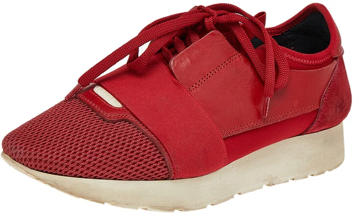 Balenciaga Red Mesh Leather and Suede Race Runner Low Top Sneakers Size 38