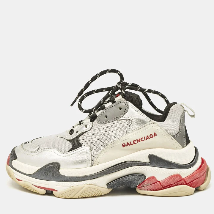 Balenciaga Silver/Black Faux Leather and Mesh Triple S Sneakers Size 38