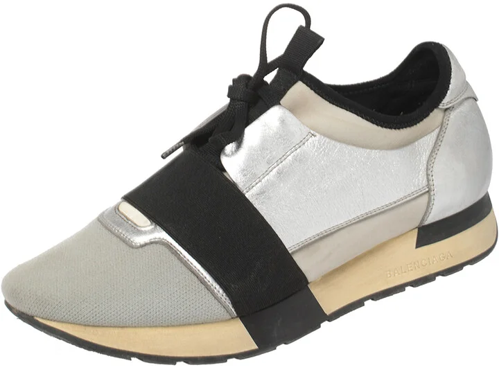 Balenciaga Silver/Black Leather And Fabric Race Runner Sneakers Size 40