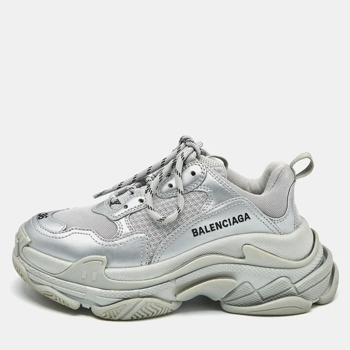 Balenciaga Silver Faux Leather and Mesh Triple S Sneakers Size 36