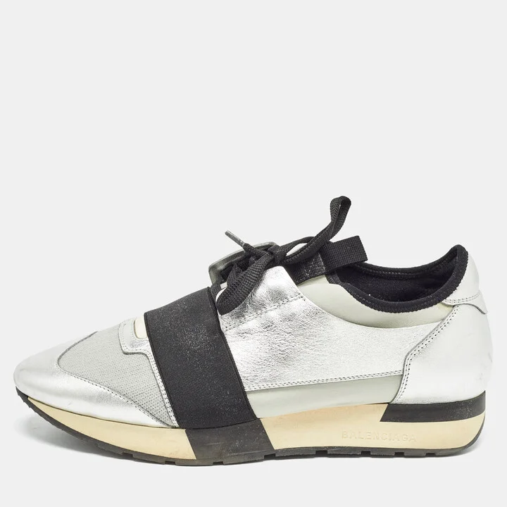 Balenciaga Silver/Grey Leather and Knit Fabric Race Runner Sneakers Size 40