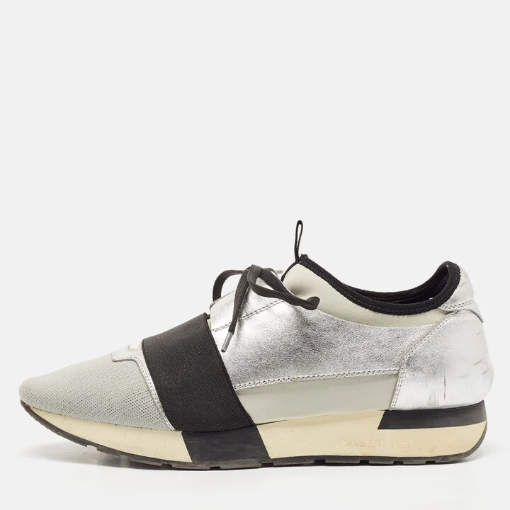 Balenciaga Silver Leather and Fabric Race Runner Low Top Sneakers Size 40