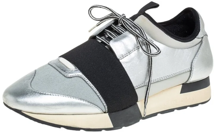 Balenciaga Silver Leather And Knit Fabric Race Runner Low Top Sneakers Size 38