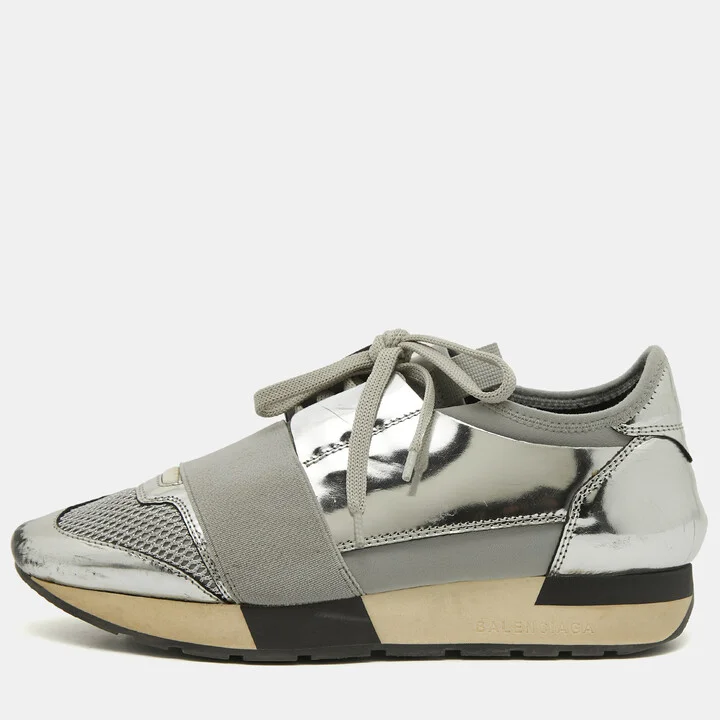 Balenciaga Silver Leather and Mesh Race Runner Sneakers Size 36