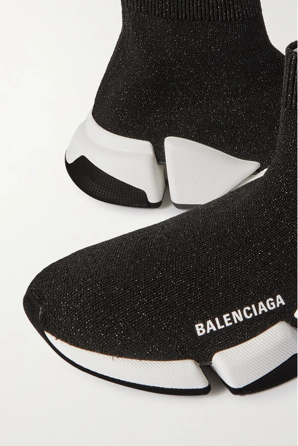 Balenciaga - Speed 2.0 Logo-print Glittered Stretch-knit High-top Sneakers - Black - Image 4