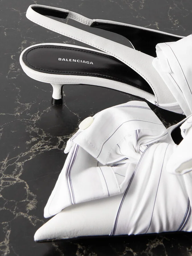 Balenciaga - Striped Poplin-trimmed Leather Slingback Pumps - White - Image 4