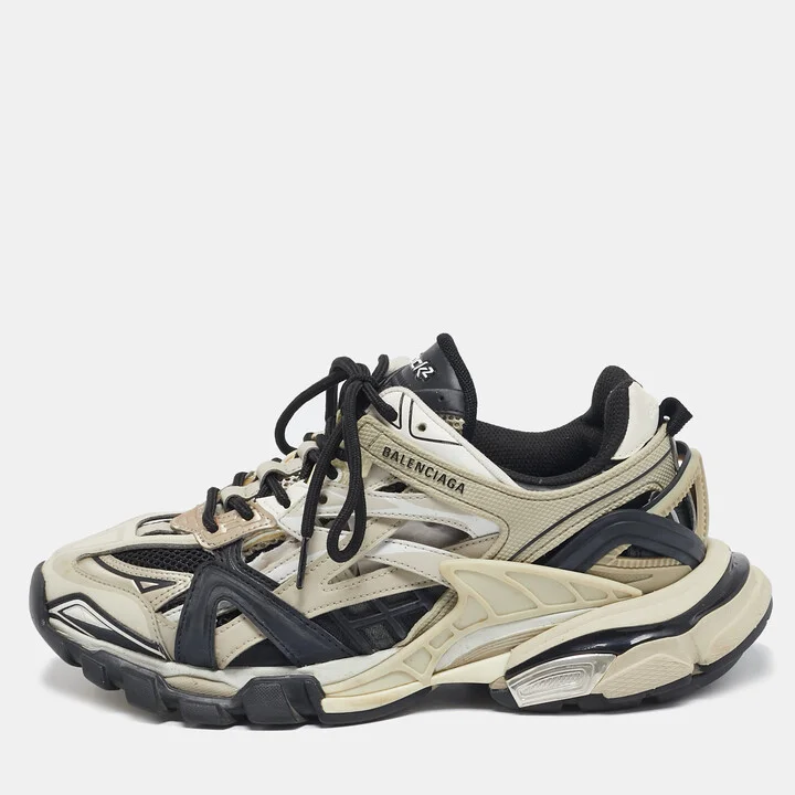 Balenciaga White/Black Faux Leather and Mesh Track 2 Sneakers Size 39