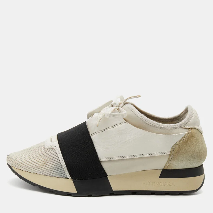 Balenciaga White/Black Leather and Mesh Race Runner Low Top Sneakers Size 37