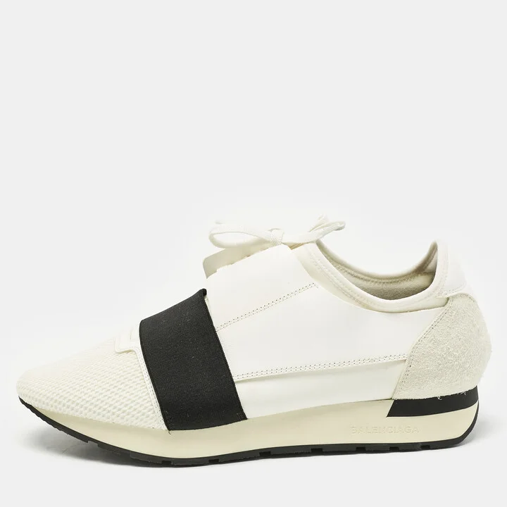 Balenciaga White/Black Leather and Mesh Race Runner Sneakers Size 41