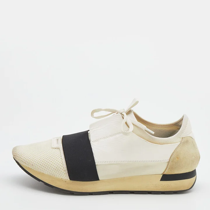 Balenciaga White/Black Mesh And Leather Race Runner Low Top Sneakers Size 44