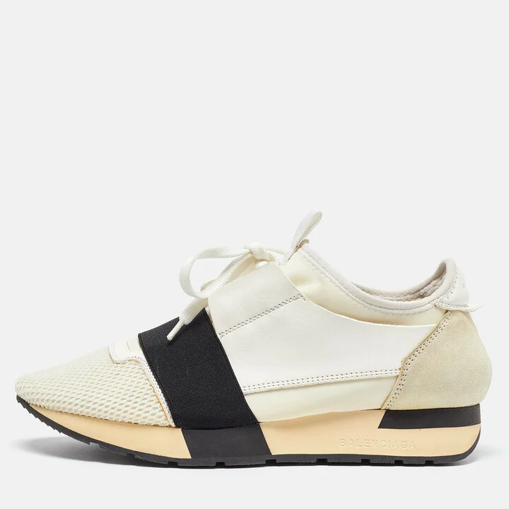 Balenciaga White Leather and Mesh Race Runner Sneakers Size 38